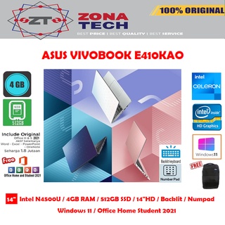 ASUS VIVOBOOK E410KAO - INTEL N4500U -  4GB - 512GB SSD - NUMPAD - BACKLIT - 14”HD  - WIN11 - OHS 2021