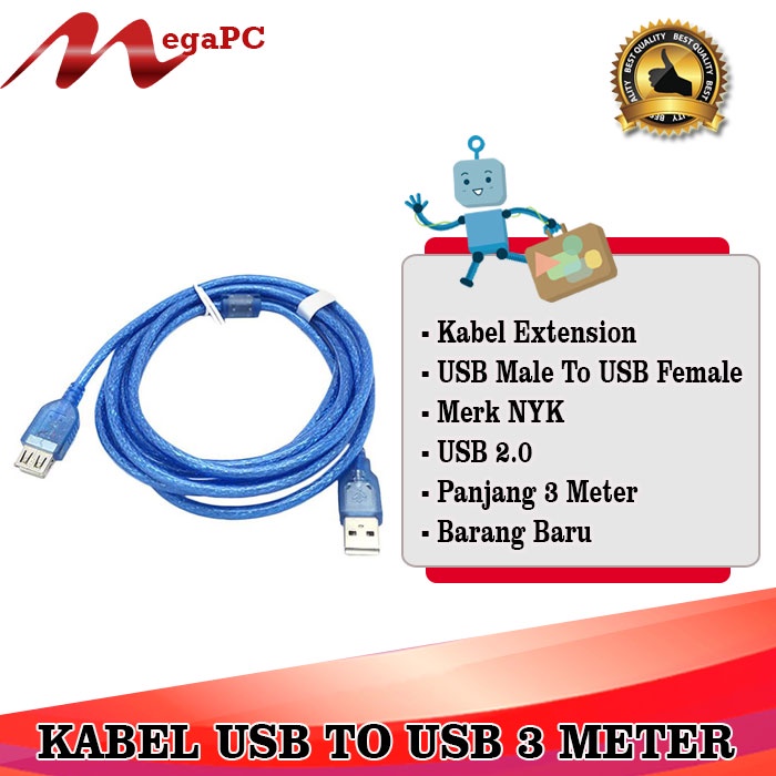 Kabel USB To USB 3 Meter/Kabel USB Male To USB Female Panjang 3 Meter Baru