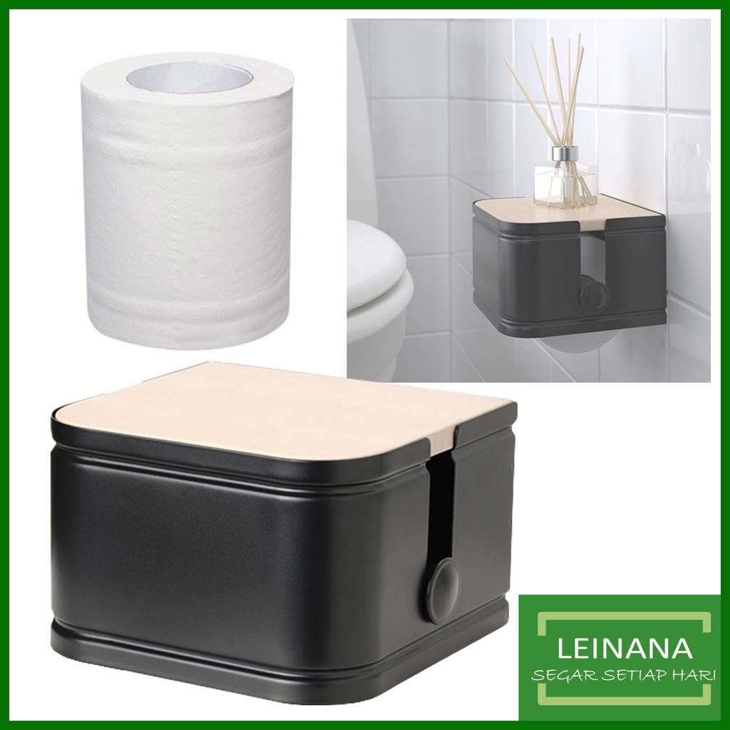 Tempat tisu toilet hitam bentuk kotak dengan penutup kayu