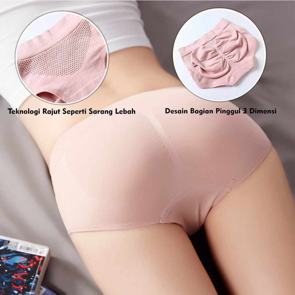Celana Dalam Wanita Seamless Anti Bakteri High Waist Japanese Honeycomb Halus Kualitas Import