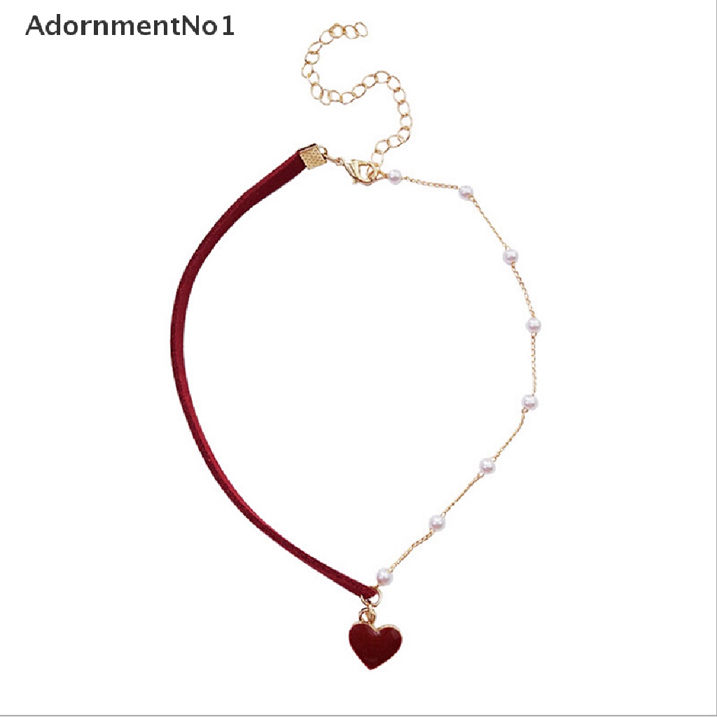 (AdornmentNo1) Kalung Choker Asimetris Liontin Hati Merah + Mutiara Imitasi Untuk Wanita