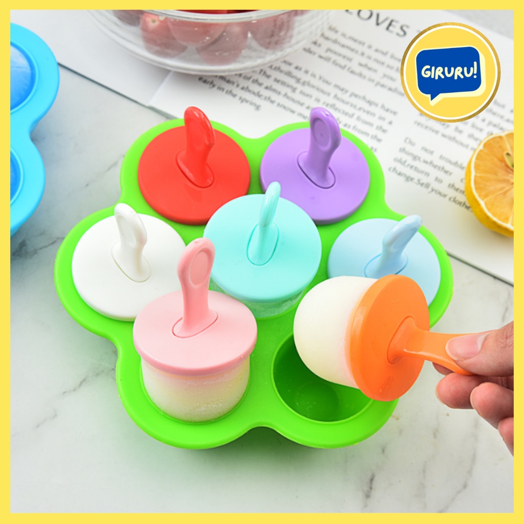 cetakan es cream silikon bulat isi 7 cups / Baby Popsicle Molds Fruit Ice Pop Maker DIY Ice Cream Maker Cetakan Es Krim Stik Lolipop / Cetakan Es Loli / Buah / Makanan Bahan Silikon Dengan 7 Lubang