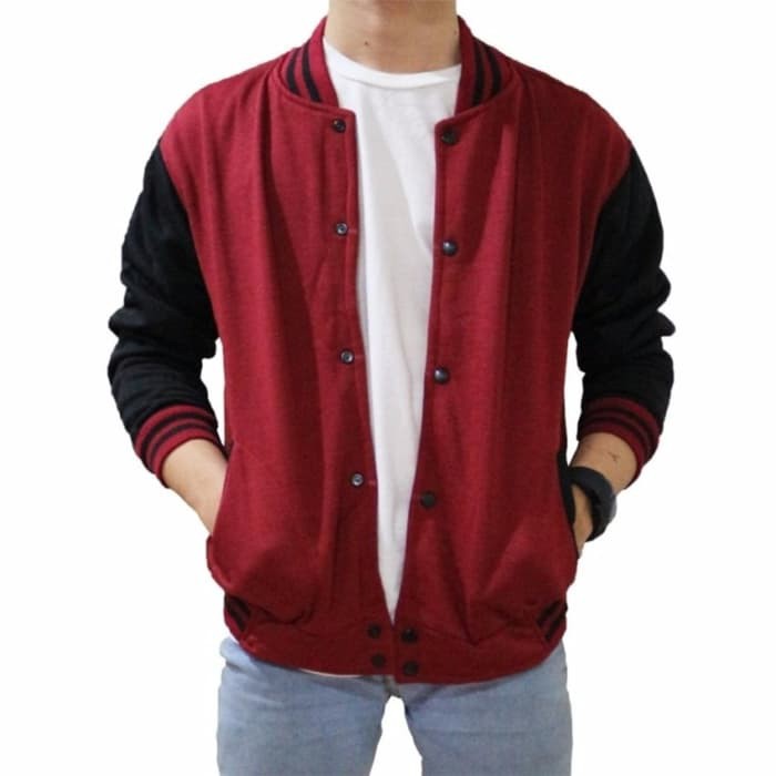Jaket Baseball Polos Bahan Tebal pria wanita | Jaket baseball varsity-Maroon-hitam