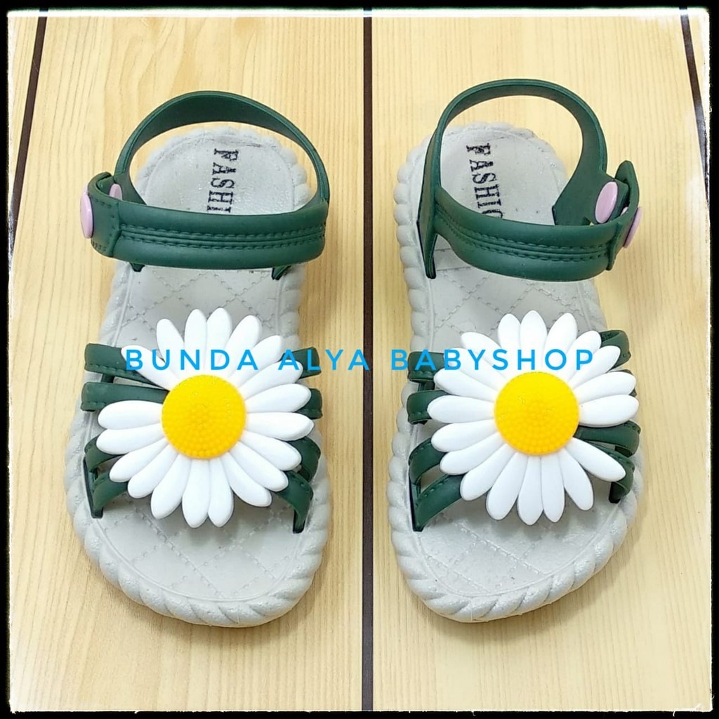 Sandal Anak Perempuan Usia 3 4 Tahun IMPORT HIJAU - Sandal Anak Cewek Elastis Motif Bunga Size 27 - 29 Karet Anti Licin