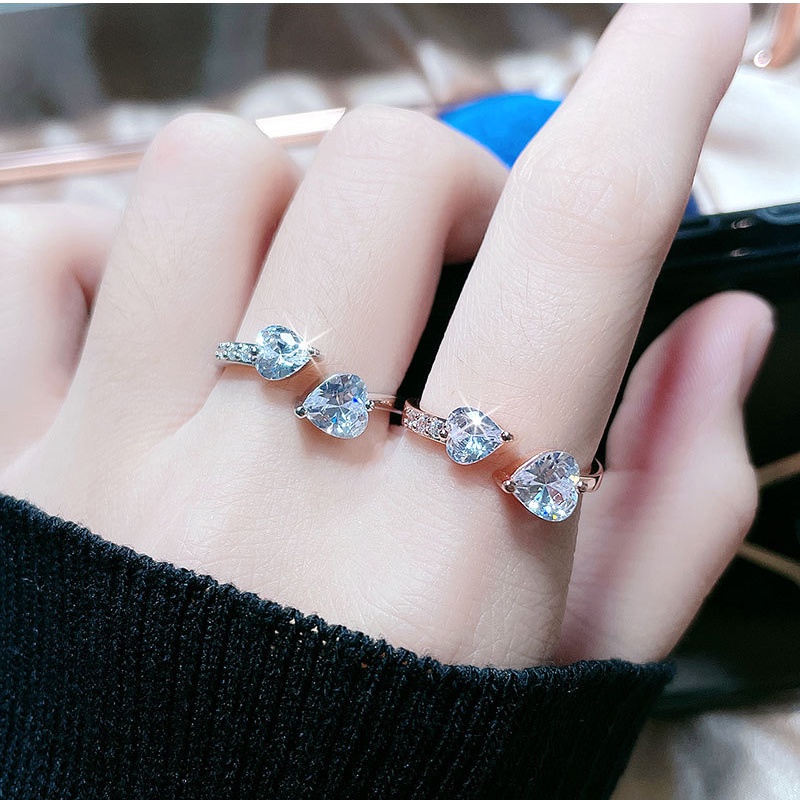 Gaya Korea Baru Dapat Disesuaikan Cinta Cincin Kristal Penuh Berlian Terbuka Cincin Cinta Hati Wanita Cincin Hadiah