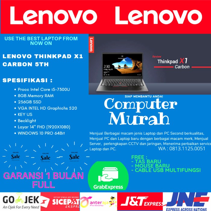 {bekas} Laptop Lenovo X1 Carbon Core i5-7300U Layar Jernih No WS-Pixel Mulus - 8GB -SSD 256GB Murah