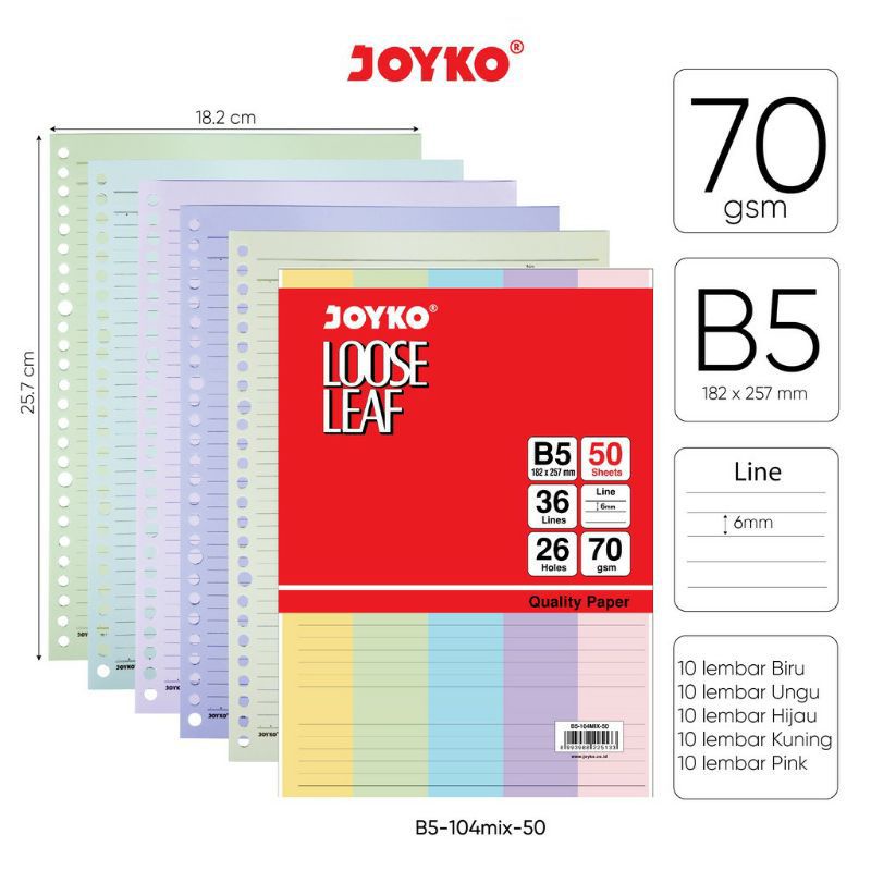 

isi ulang binder /Loose Leaf Color Isi Kertas File Binder Warna Joyko B5 50 Lembar