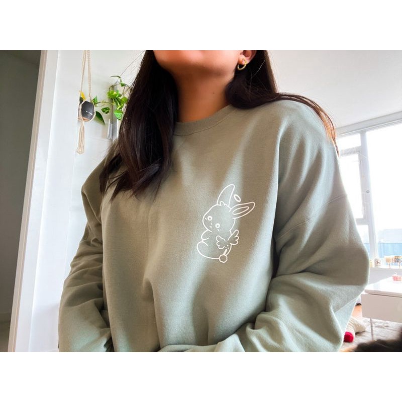 (S - XXXXXL 6XL) Sweater ANGEL BUNNY RABBIT Sage Green Crewneck Oversized Sweatshirt Hijau Mint Soft Fleece Comfy Jumper Cute Rabbit Warm Cozy Pullover Unisex Bigsize Jumbo Mint Pastel S M L XL XXL XXXL XXXXL 4L 5L 6L Big Size