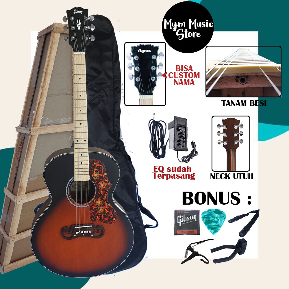 Gitar Akustik Elektrik gibson j200 Custom Free Packing Kayu