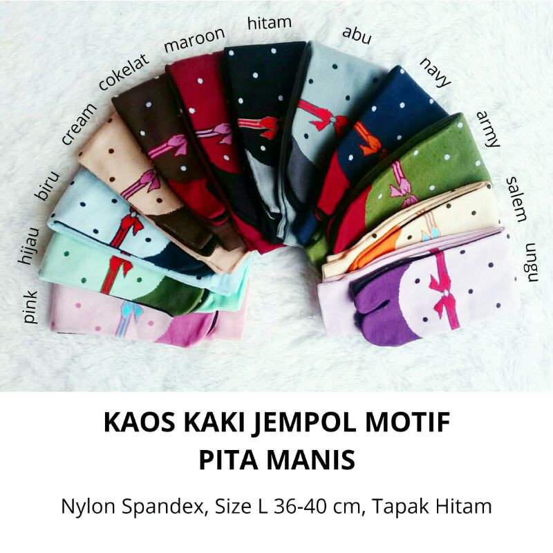 Kaos Kaki Jempol Wanita Muslimah Motif Pita Manis (Nylon Spandex Tapak Hitam, Size L, Panjang Murah)