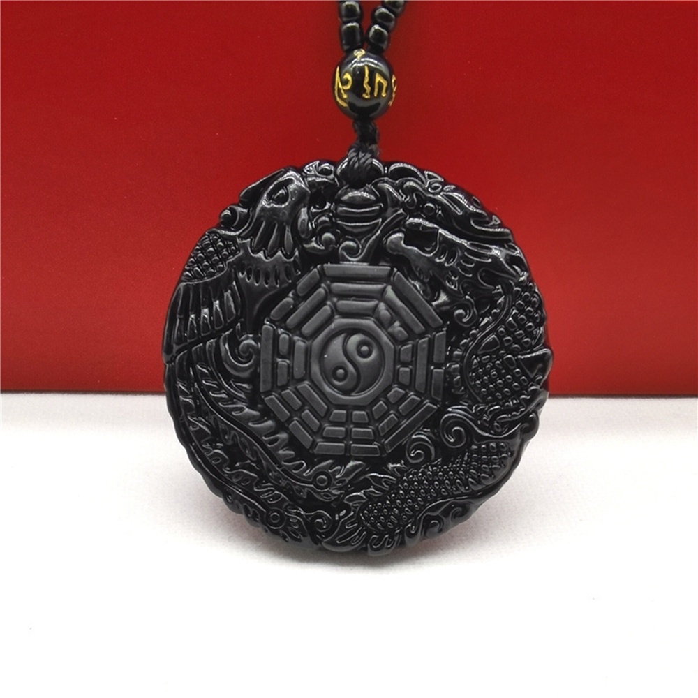 【COD Tangding】Kalung Liontin Batu Obsidian Hitam Motif Ukir Nagaphoenix Reiki Untuk Priawanita