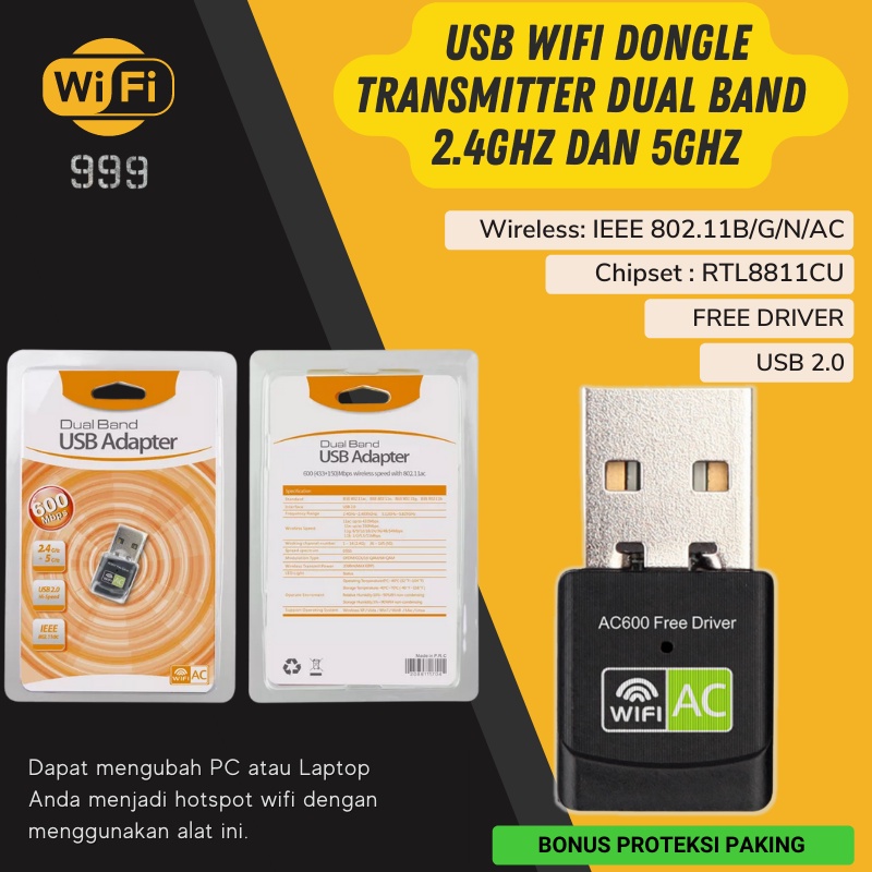 USB Wifi Wireless Dongle Adapter Dual Band 5ghz Untuk Dekstop PC Laptop 600 Mbps