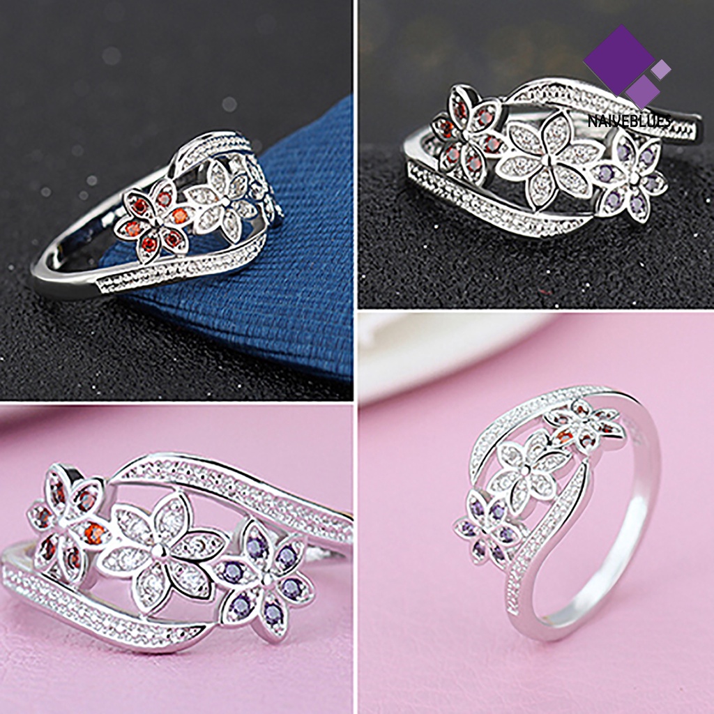 Cincin Lapis Silver Desain Bunga Aksen Zirconia Untuk Wanita