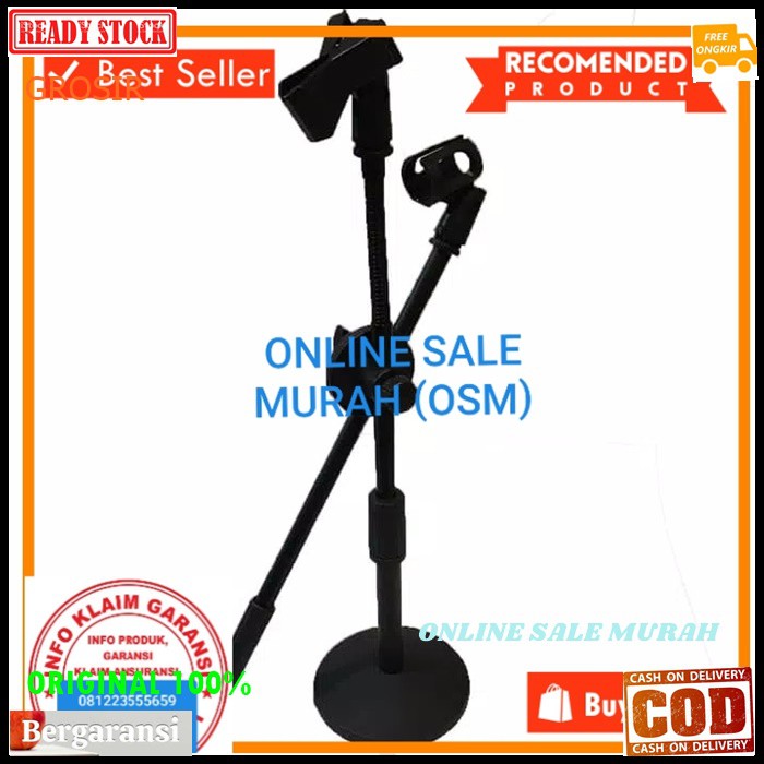 G111 stand mic kaki bulat holder standing pendek dual microphone mik penyangga universal mikrophone tiang pegangan tripod bundar bulet double dobel STAND MIC DUAL PENDEK KAKI BULAT G111 ORIGINAL 100%  Garansi MIC TIDAK AKAN JATUH  Bisa segala MIC  Stand M