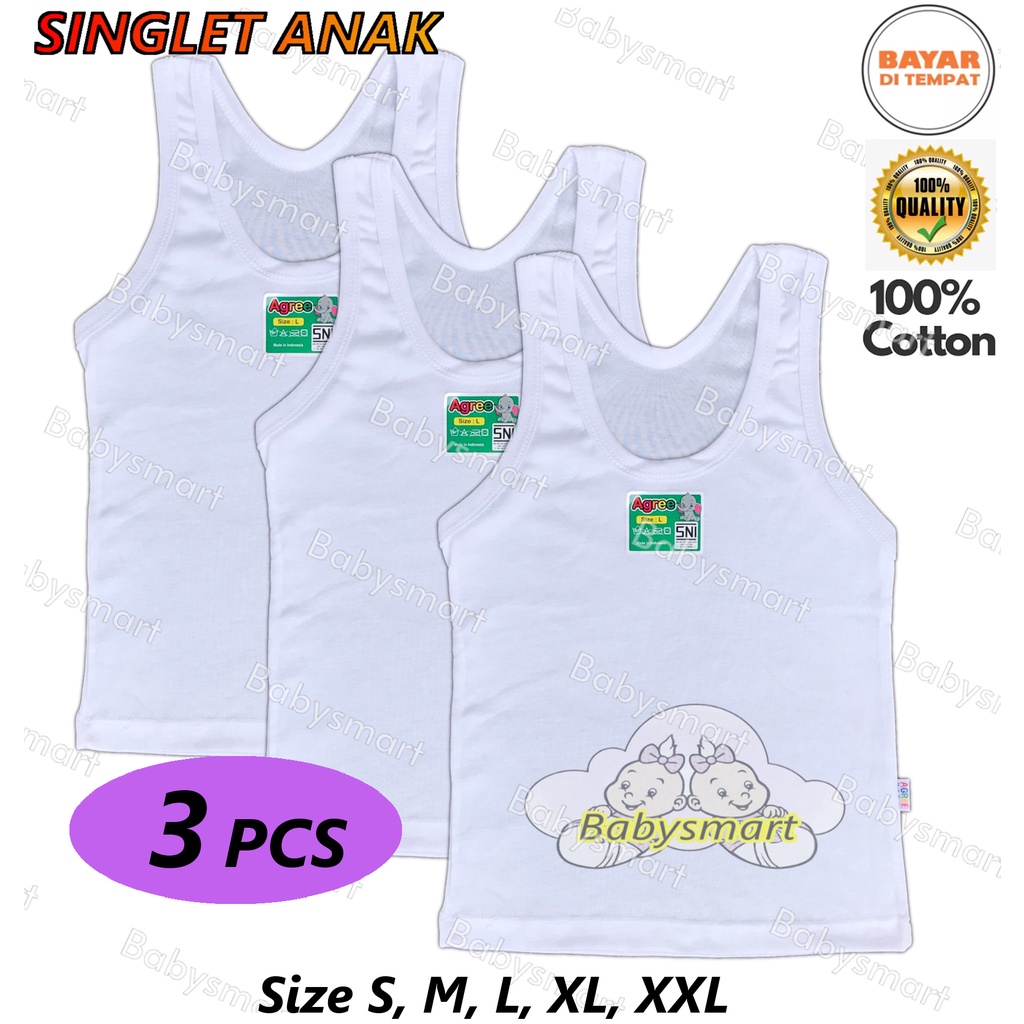 Babysmart - 3 PCS Kaos Dalam / Singlet Anak Putih AGREE KIDS 100% Katun usia 0 - 12 tahun Size S, M, L, XL, XXL