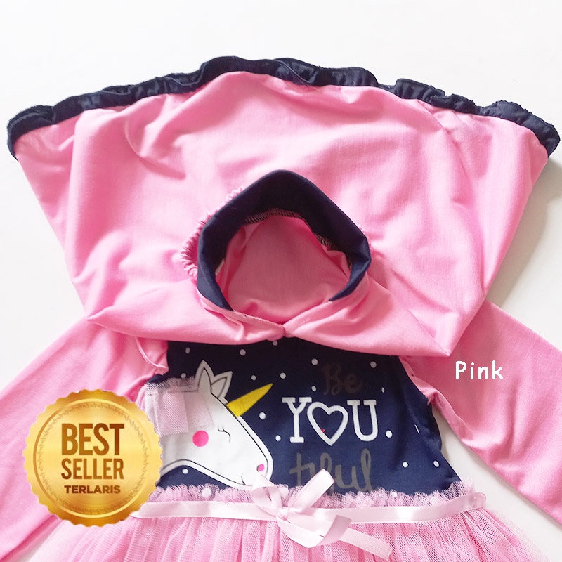 Set Gamis Hijab Muslim Bayi Anak Perempuan 1-2 Tahun Unicorn Princess Katun Baju Pesta KA131 Gaun Syari'i