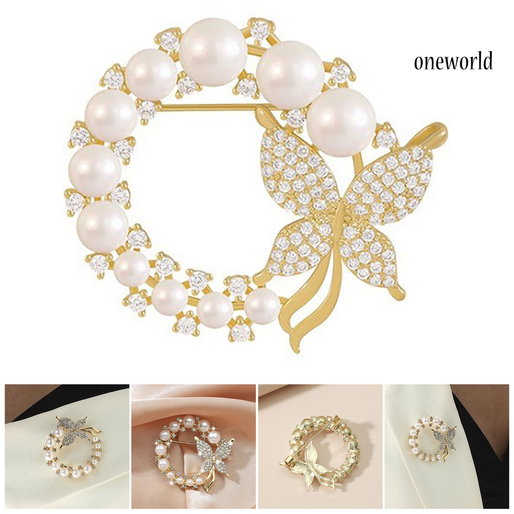 OW@ Brooch Round Hollow Out Luxury Round Faux Pearl Rhinestone Women Brooch for Dating