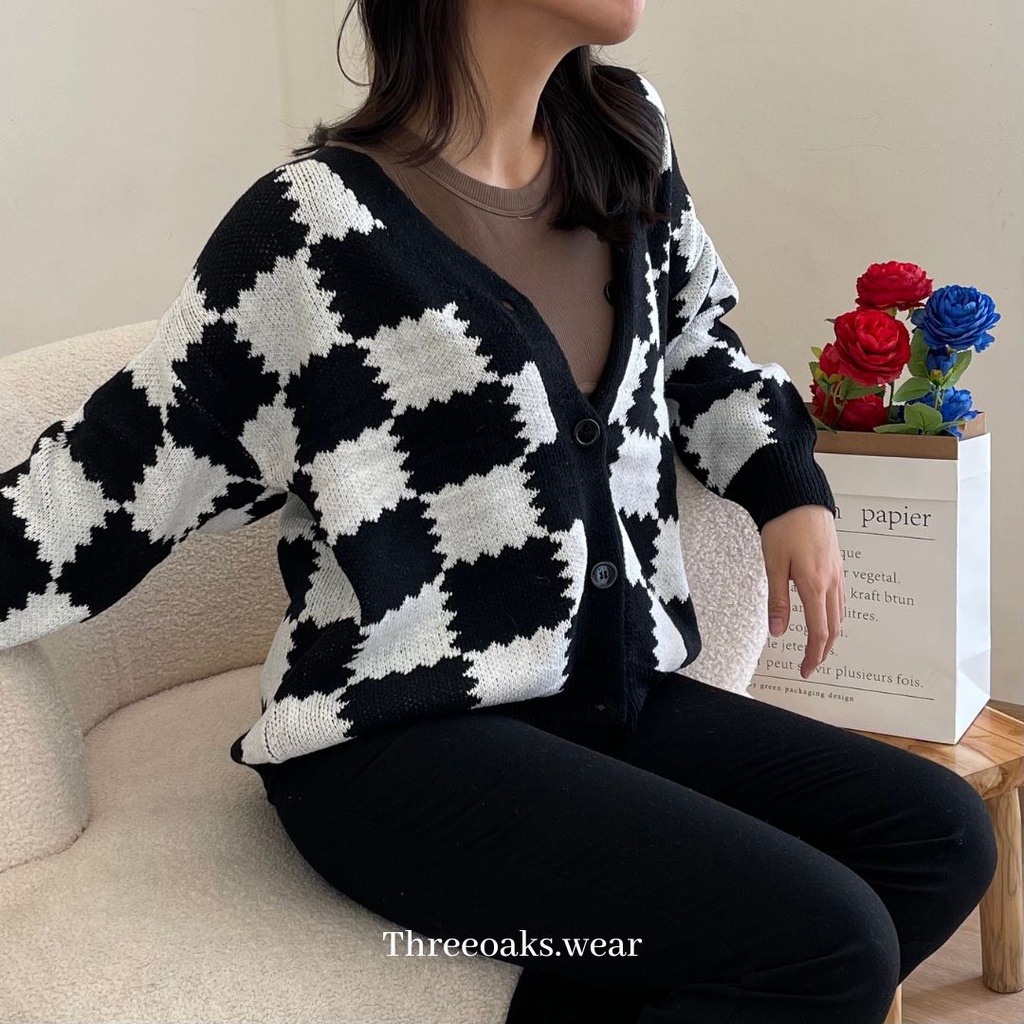 RUE WAVY CHECKERED CARDIGAN - Kardigan Premium Import Wavy Checkered Tangan Panjang Korean Style