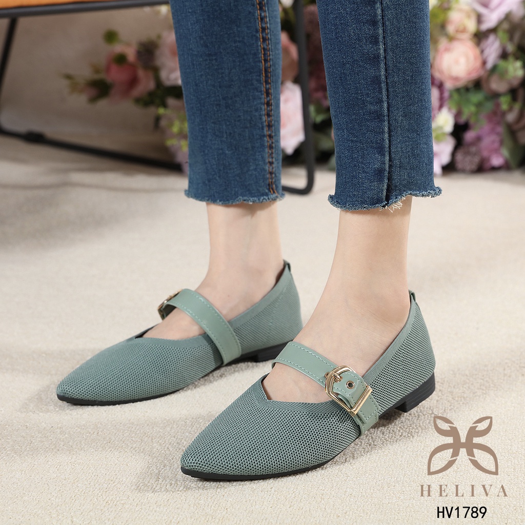 HELIVA VENUS Flat Shoes Sepatu Lancip Gesper Slip On Bahan Kanvas HV1789 Original Brand