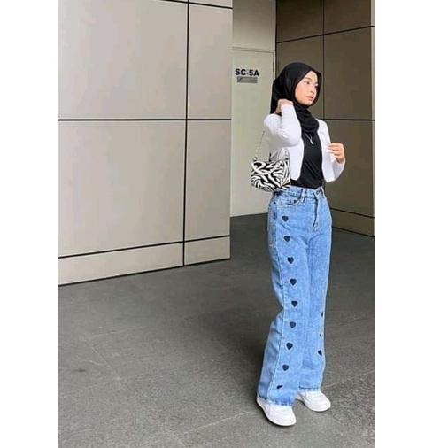 HIGHWAIST KULOT JEANS J 18 MOTIF LOVE/ CELANA WANITA KOREAN STYLE/VINTAGE/KLT LIPAT LOVE "WNG.19Au22