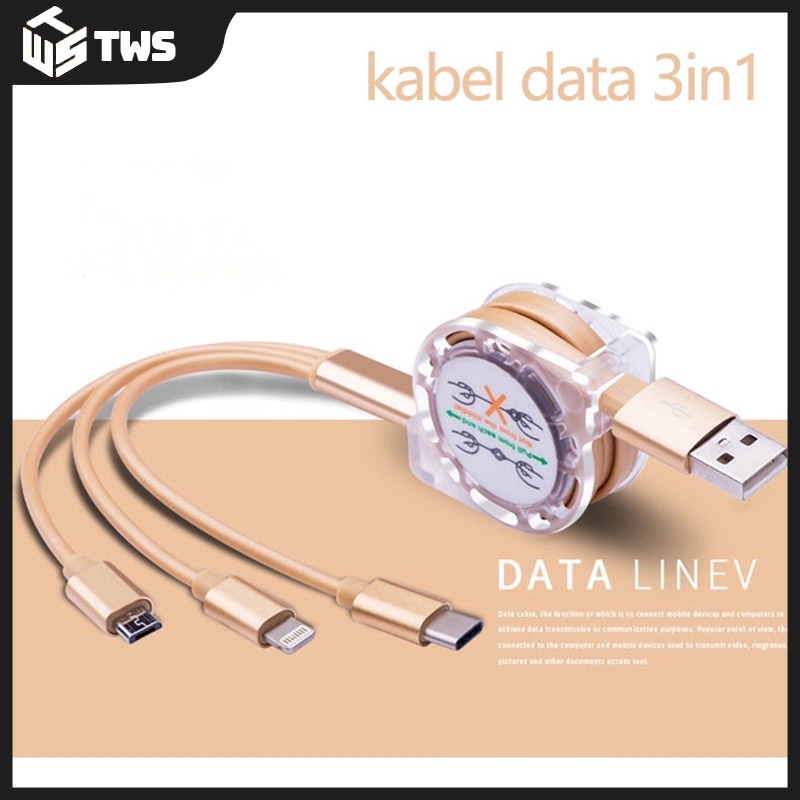 Type-C/Micro USB 3 in 1 Kabel Data Pengisian Daya Flash Yang Dapat Ditarik