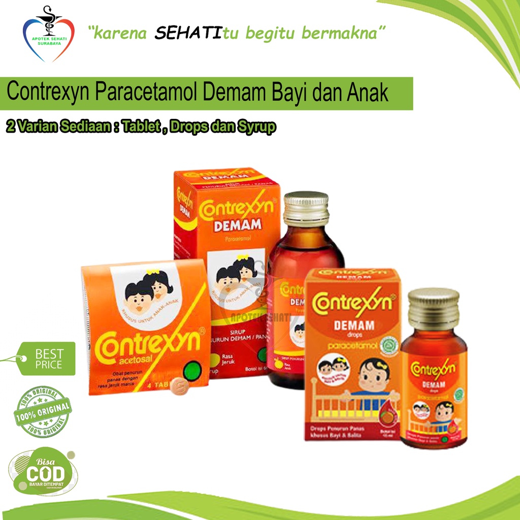 Contrexyn Paracetamol Obat Demam Anak Bayi 3 Varian Syrup Drops Tablet Contrexin Acetosal