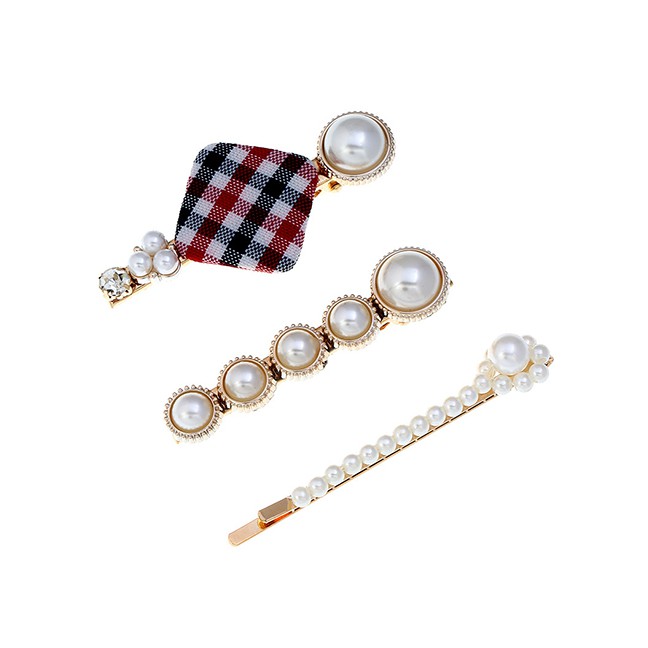 LRC Jepit Rambut Fashion Houndstooth Pearl Metal Hair Clip Set F5694X