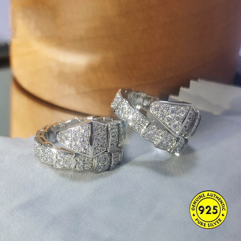 Cincin Jari Telunjuk S925 Silver Model Terbuka Dapat Disesuaikan Motif Kulit Ular Aksen Berlian Imitasi Untuk Unisex