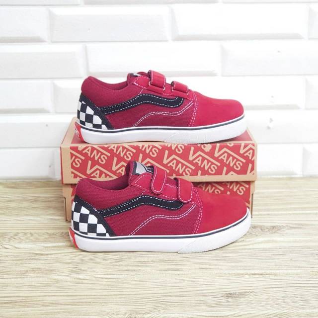 SEPATU VANS ANAK SLIP ON VELCRO LAKI LAKI  PEREMPUAN CATUR MERAH
