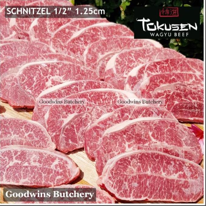 

600G WAGYU BEEF TOKUSEN MBS 4-5 OYSTER BLADE SCHNITZEL 3/8" 1CM FROZEN FSDGDF252