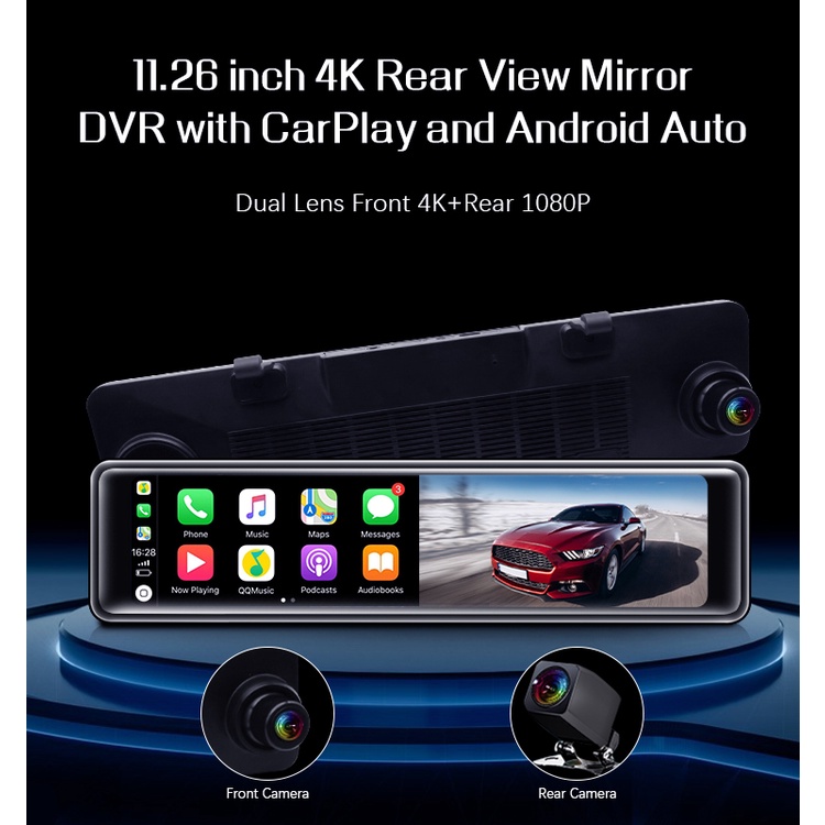 EGO V16 4K Mirror Dash Cam 12 Inch Touch Screen Android Auto Carplay WiFi Parking Monitor