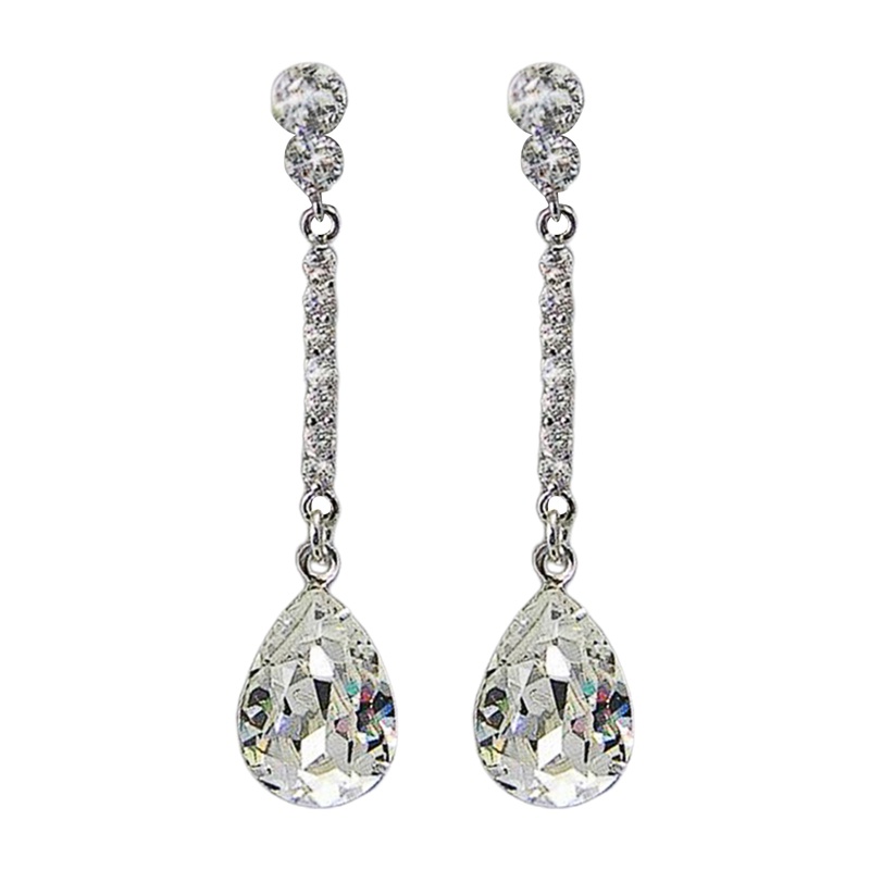 Anting Juntai Bentuk Water Drop Cubic Zirconia Kristal Warna Silver Untuk Wanita