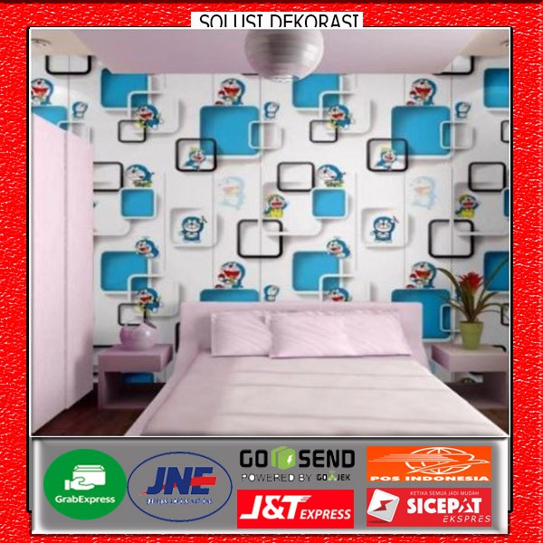 wallstiker dinding murah | 45 cm x 10 meter | anti air | motif Doraemon kotak 3D | solusi dekorasi