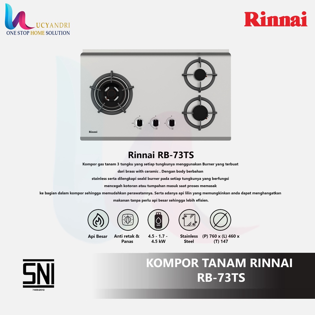 Kompor Tanam Rinnai RB 73 TS / Kompor Tanam 3 Tungku Rinnai Stainless