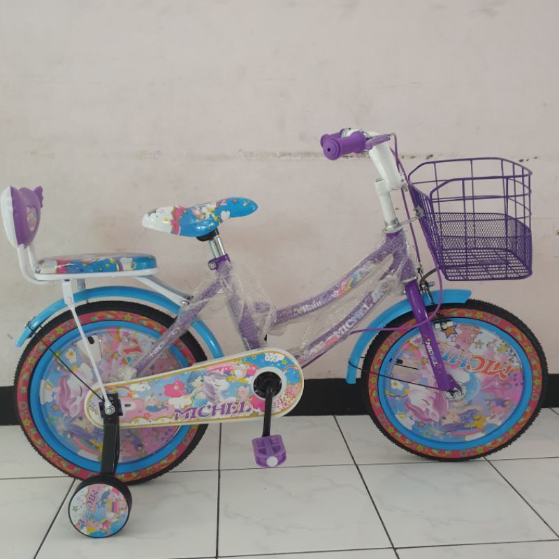 SEPEDA MINI ANAK PEREMPUAN 12 / 16 / 18 INCH BARU KERANJANG BESI TREX MICHEL RAINBOW UNICORN PRINCES