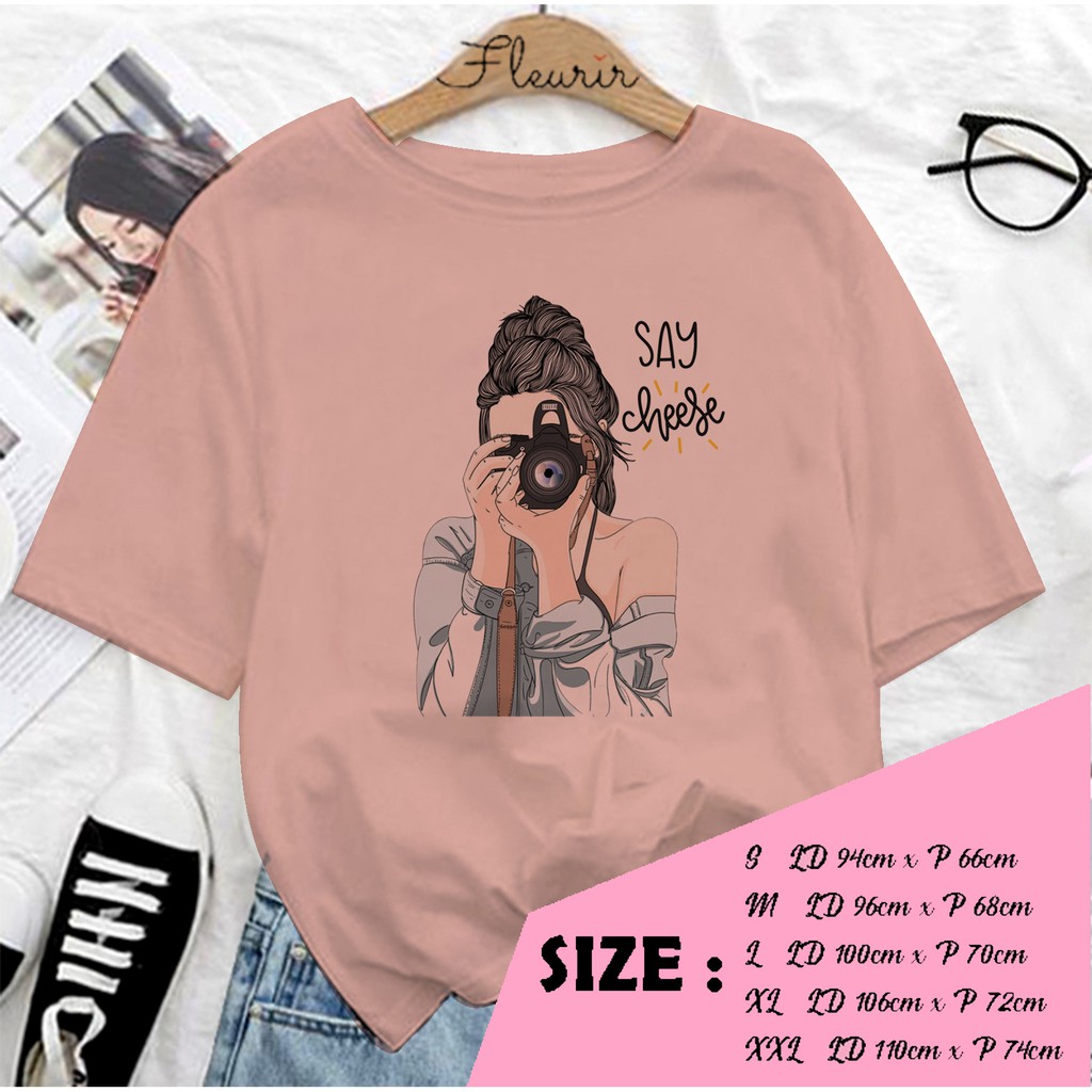 FLEURIR - KAOS WANITA DEWASA LENGAN PENDEK TEE UNISEX WANITA SAY CHEESE