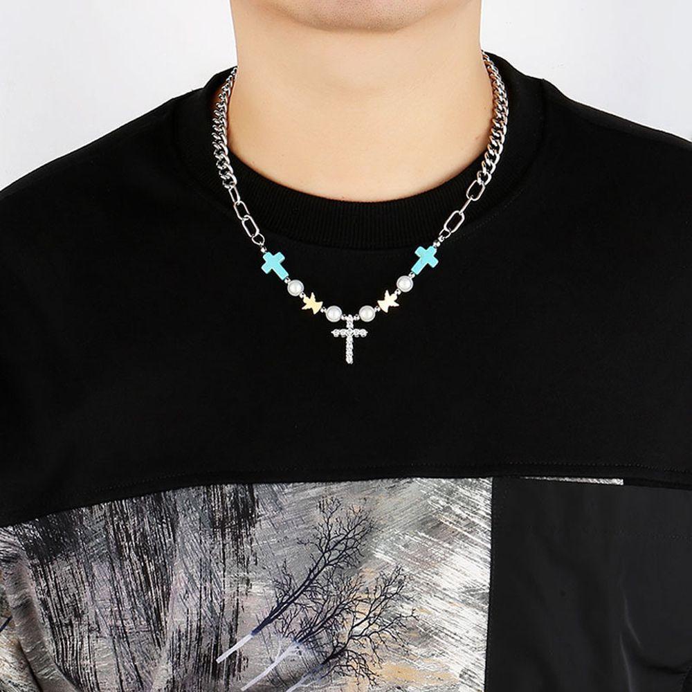 Mxbeauty Kalung Pria Hip-hop Vintage Liontin Salib Fashion Perhiasan Turquoise Beads Titanium Steel Tali Tangan