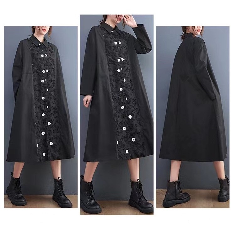 Dress Kemeja Jumbo Big Size Wanita Rok Midi Lace Lengan Panjang Oversize Saku Premium Hitam Bunga Bl