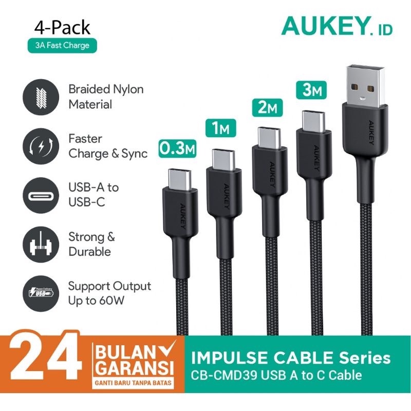 Aukey CB-CMD39 Kabel Charger Usb A to C PD 60W Fast charging 3A - Garansi Resmi Original 500869 Black Braided Nylon Impulse Series - Power Delivery Data Cable Type-C for Android Samsung Xiaomi - Multipak isi 4pcs 0,3m 1m 2m 3m / Pouch Cable Joyseus