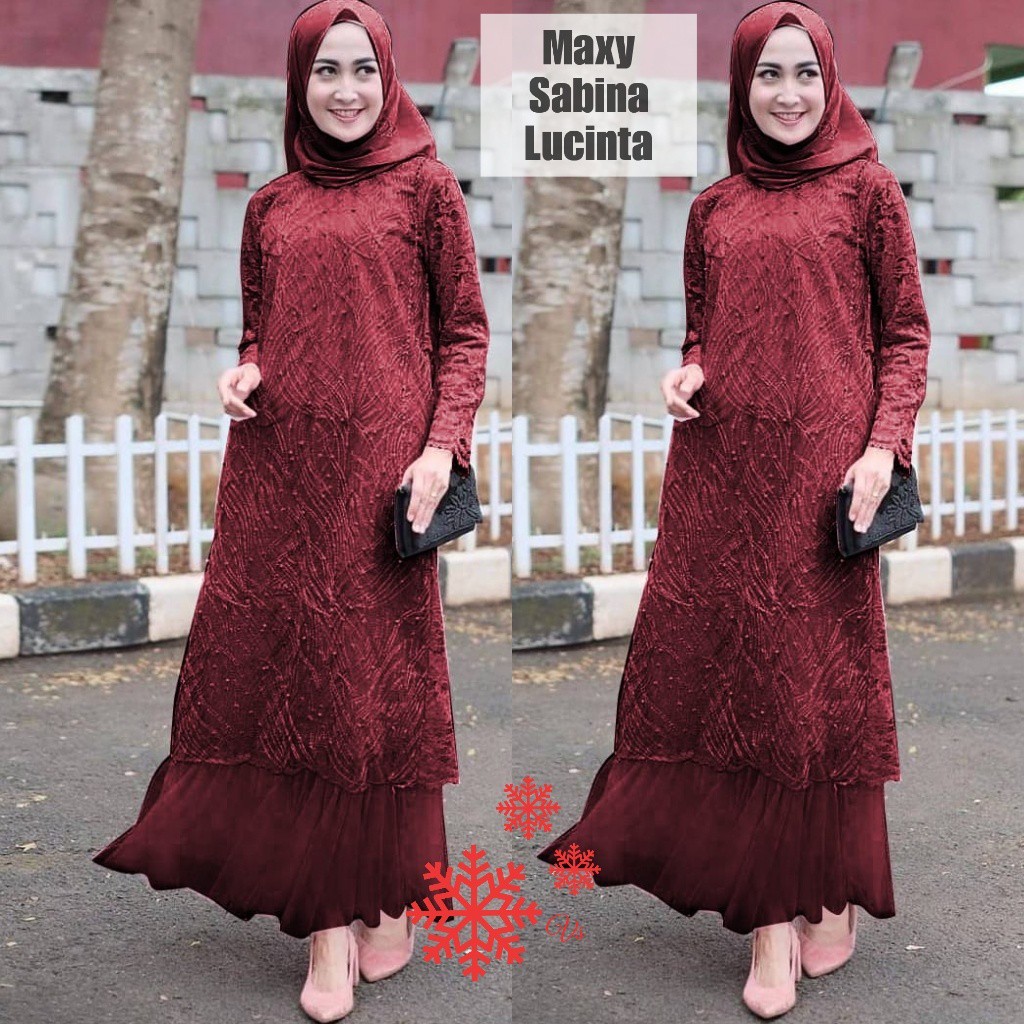 Sabina Baju Gamis Brukat Tile/ Gamis Brukat Maxi/Gamis Muslim Brukat/Gamis Perempuan Remaja Dewasa Fashion Gamis Pesta SIZE L, XL, XXL