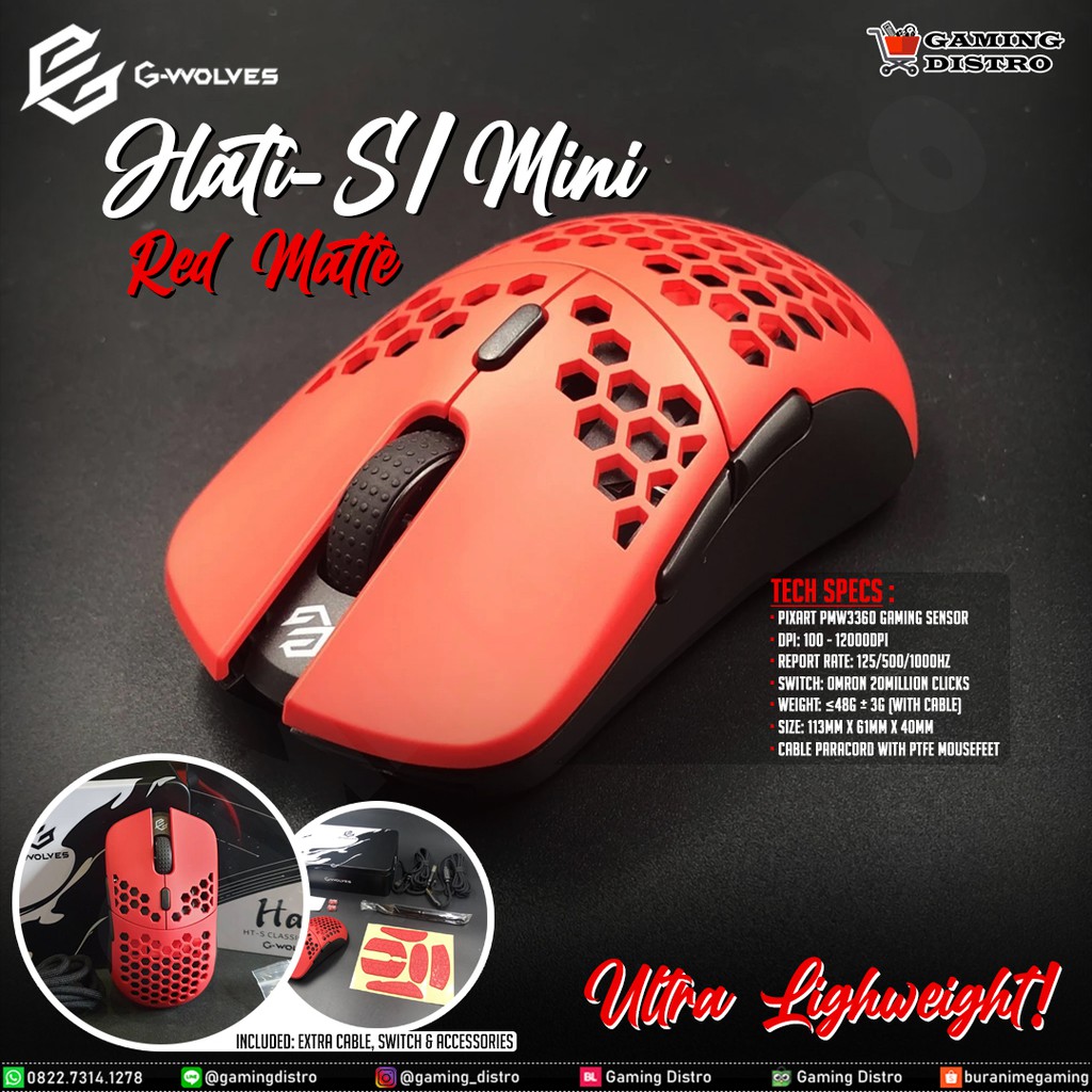 Mouse Gaming G Wolves Hati Small Red Matte with PMW3360 Sensor