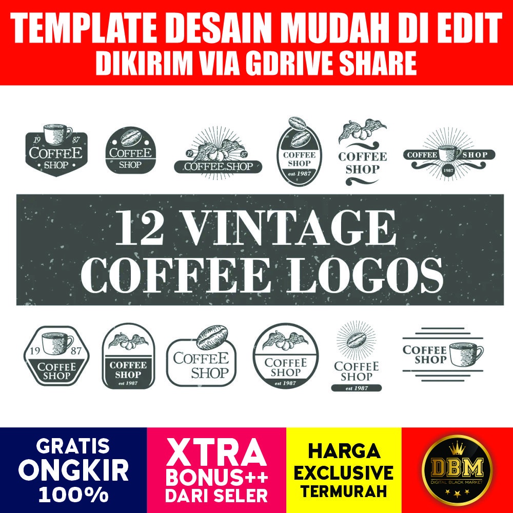 12 Vintage Coffee Logos and Badges - Photoshop &amp; Illustrator