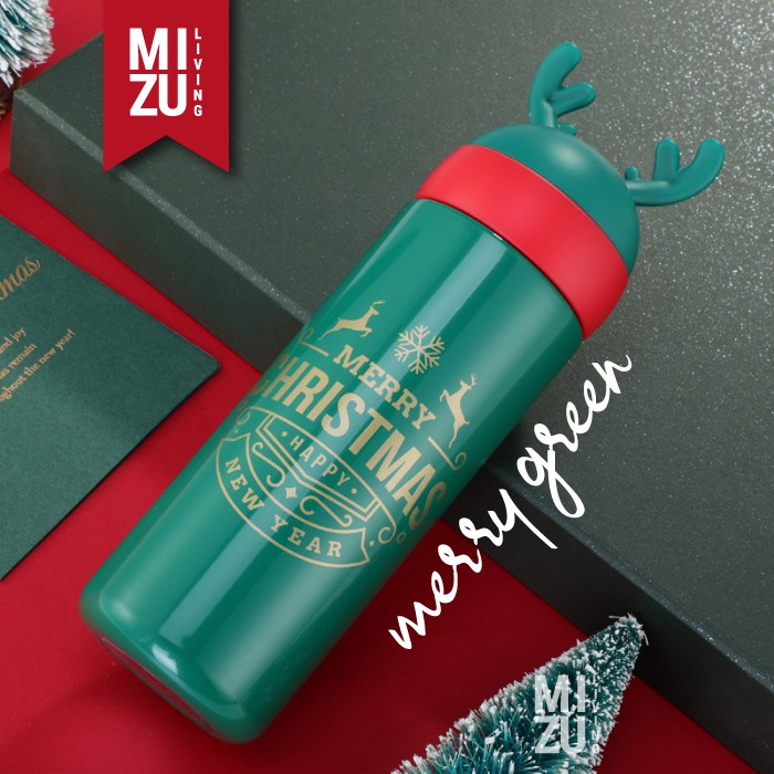 CHRISTMAS REINDEER Thermos Water Bottle Botol Air Minum Termos 300 330ml NATAL Vacuum Flask Tumbler-MERRY GREEN 330