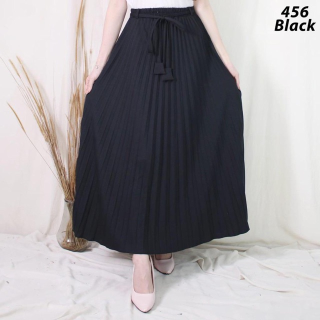 456 - BD ROK PLISKET TALI PINGGANG POLOS ABG ANAK MUDA PLEATED SKIRT FLARE MAXI PANJANG HYGET MURAH