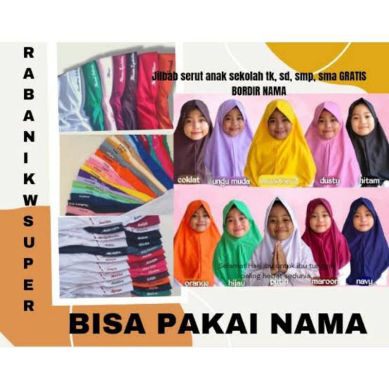 kerudung sekolah free bordir nama anak/hijab nama/jilbab sekolah