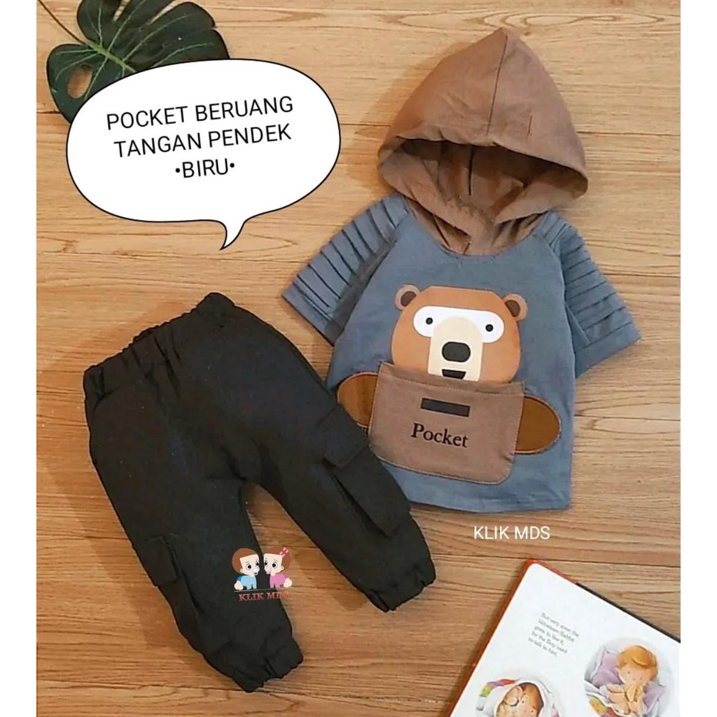 Setelan Anak Laki - Laki / Baju Bayi Laki- Laki Model Hoodie Lengan Pendek  Celana Panjang Ada Kantong Motif Pocket Bear