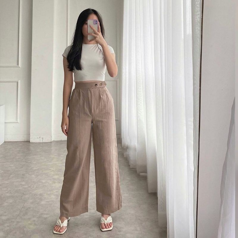 Celana Kulot Linen Highwaist Premium Double Button /Kancing Depan Aktif Size (M ,L ,XL,XXL) Dari BB 40-75kg Celana Kulot Linen Kancing Terlaris Celana Kulot Wanita Terbaru