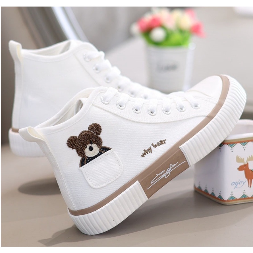 Sepatu Kanvas Import RWS 9222 Wanita Motif Bear / Sneakers High Bear sepatu papan serbaguna