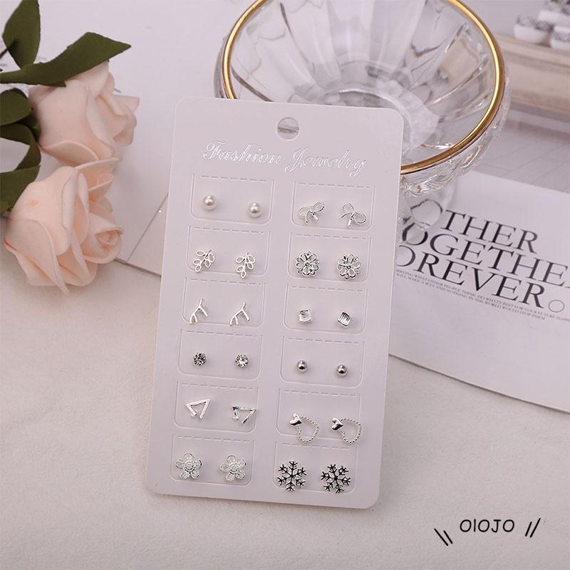 【COD】12 Pasang / Set Anting Tusuk / Stud Model Campur Bahan Silver Untuk Wanita