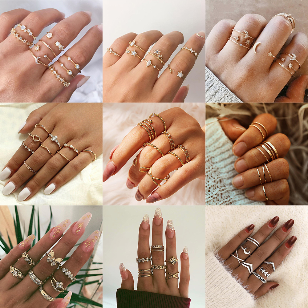 Bohemian Retro Emas Cincin Set Kupu Bintang Bulan Cincin Mode Ring Perhiasan Set Wanita Aksesoris Hadiah